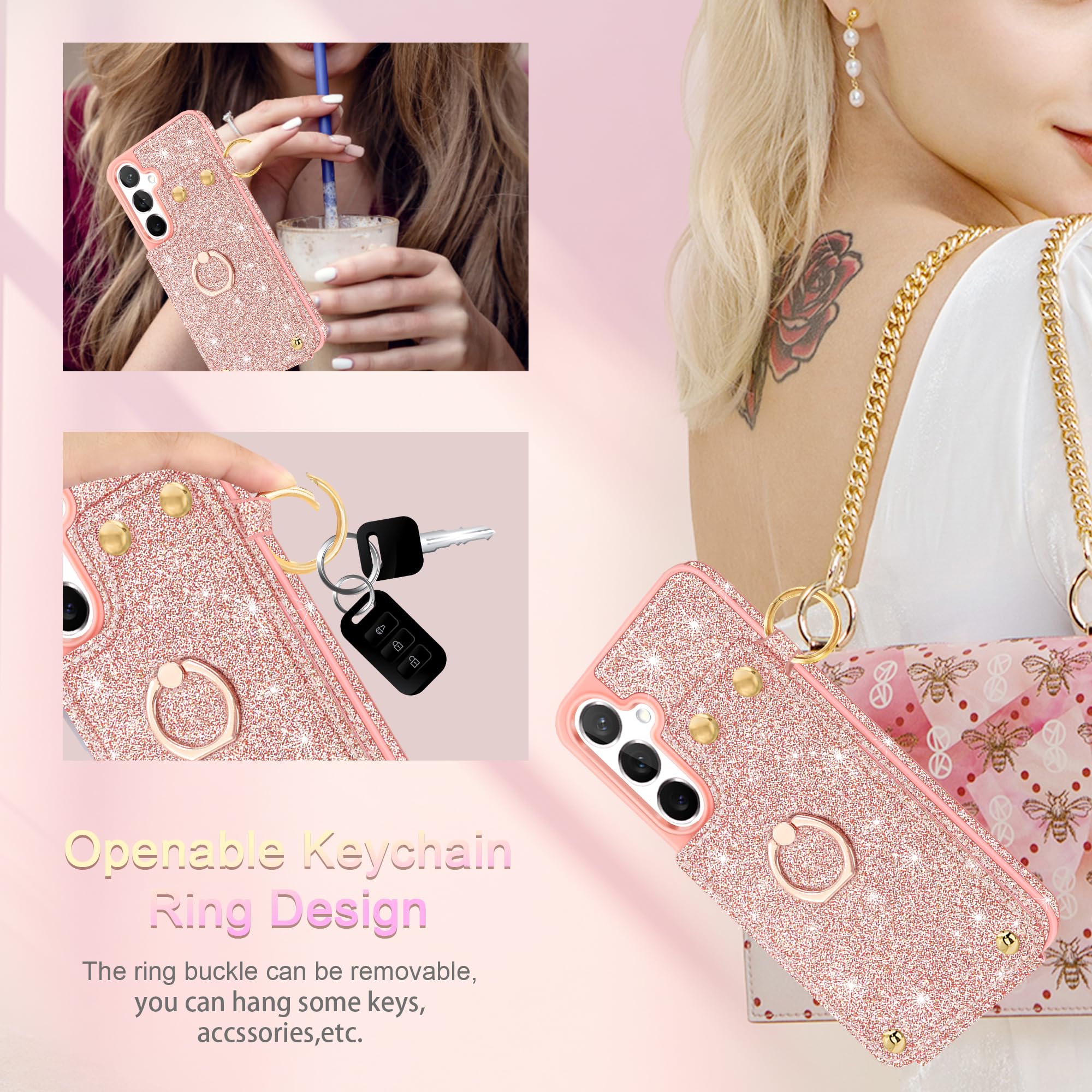 Fingic Samsung Galaxy S24 Case Wallet[1*Screen Protector+1*Camera Protector][360°Ring Holder][with 5 Card Holder]Glitter Sparkle Kickstand RFID Blocking Protective Case forSamsung Galaxy S24,Rose Gold