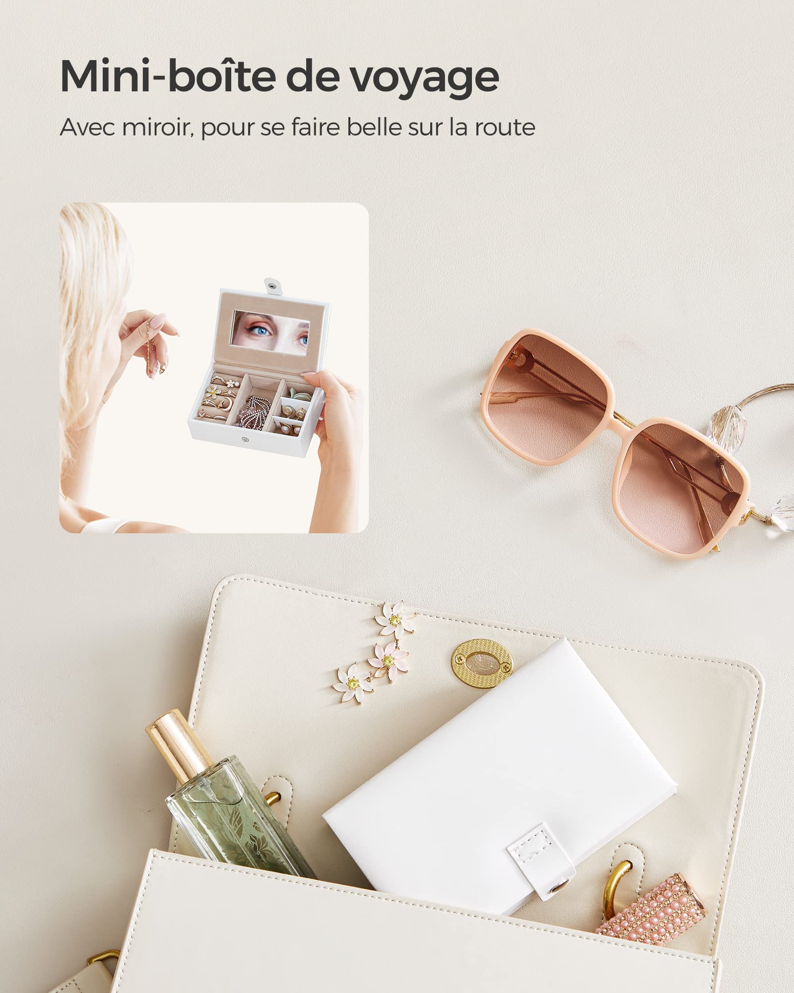 SONGMICS Boîte à Bijoux 3 Niveaux, Écrin 2 Tiroirs, Coffre de Rangement, avec Mini-boîte Portable, Poignées, Verrouillable, Revêtement en Blanc Classique et Doublure en Jaune Sable JBC121W