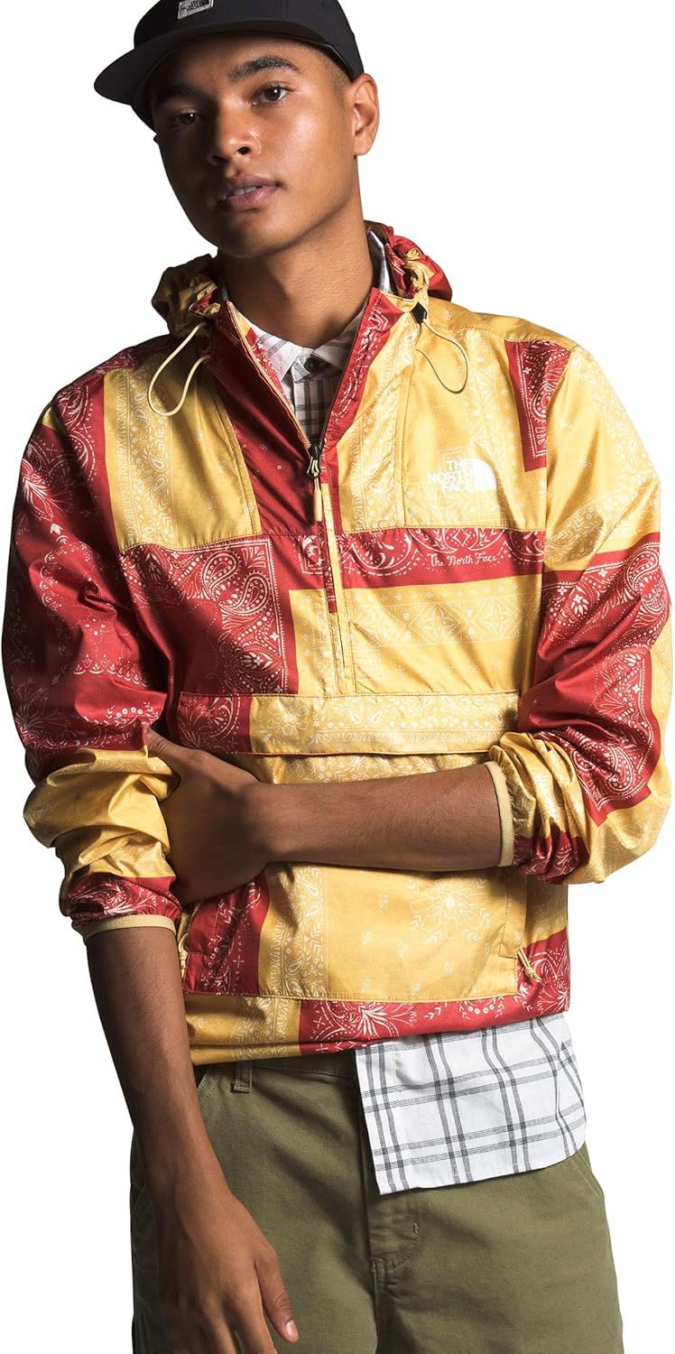 red bandana north face coat