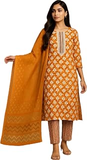 GROK Women's Cotton Blend Straight Kurta with Pant & Dupatta (L&XL) Small round neck Price In India