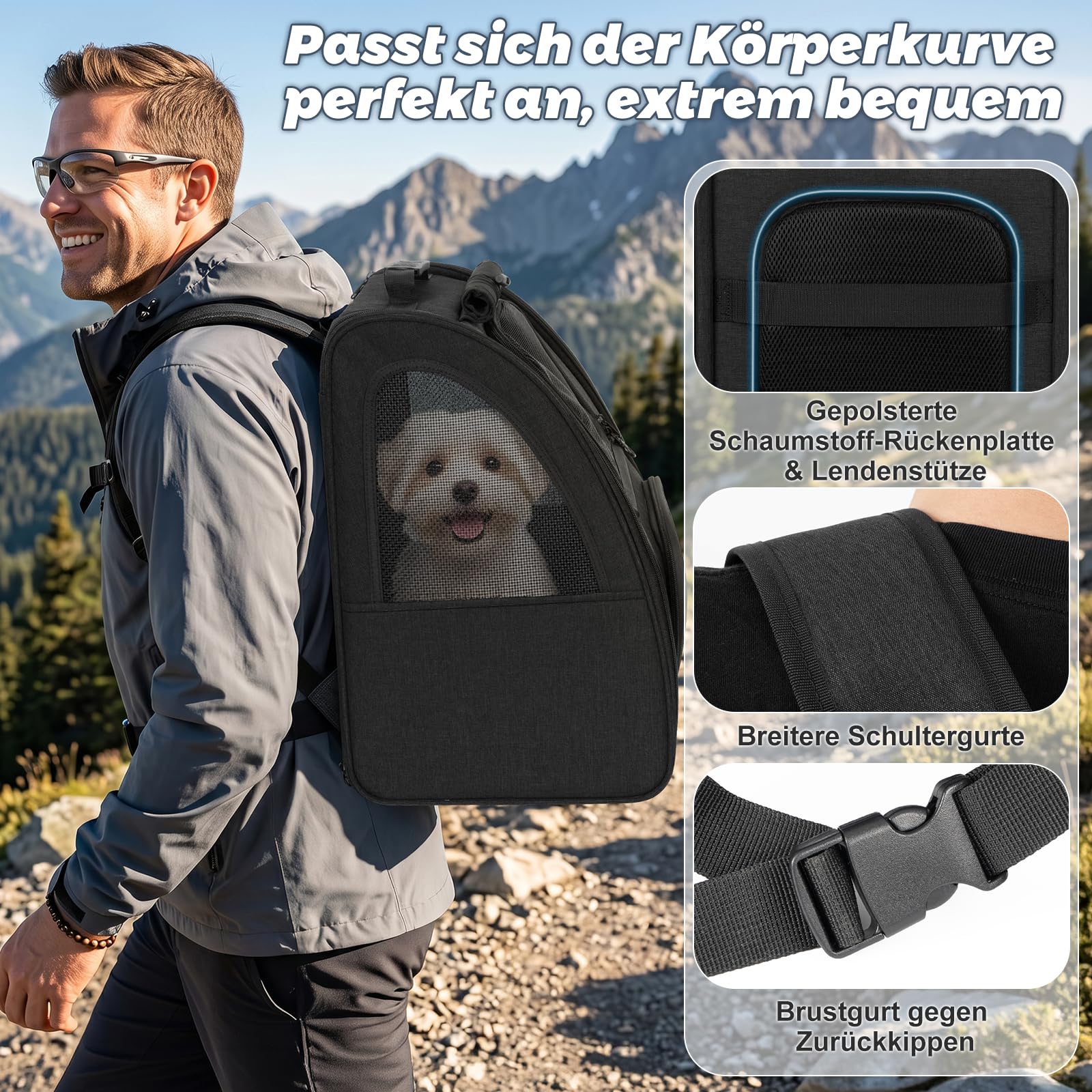 Aystkniet Zaino Trasportino per Cani e Gatti fino a 10 kg, Pieghevole, Ventilazione a 270°, 3 Aperture, Tenda Coprivista, Fascia per Trolley