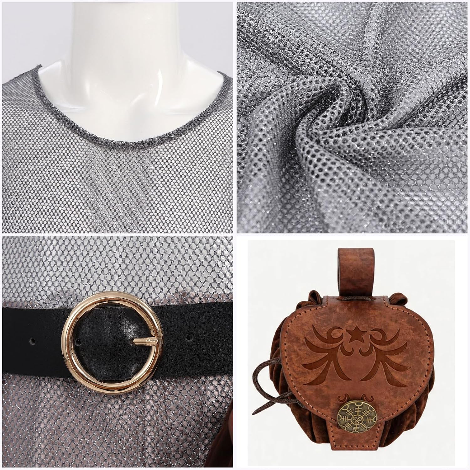 Medieval Faux Chain Tunic, Men's Renaissance Shirt with Belt and Pouch LARP Cosplay Costume Set