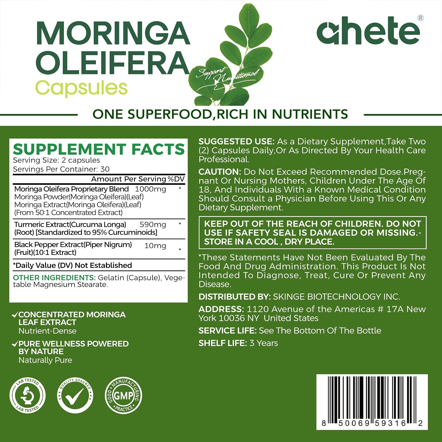Moringa Capsules - Pure Moringa Powder, Energy, Skin, Immune & Gut Health Superfood, Rich in Antioxidants, Essential Vitamins & Amino Acids, Natural Green Superfood Supplement - Pack of 1