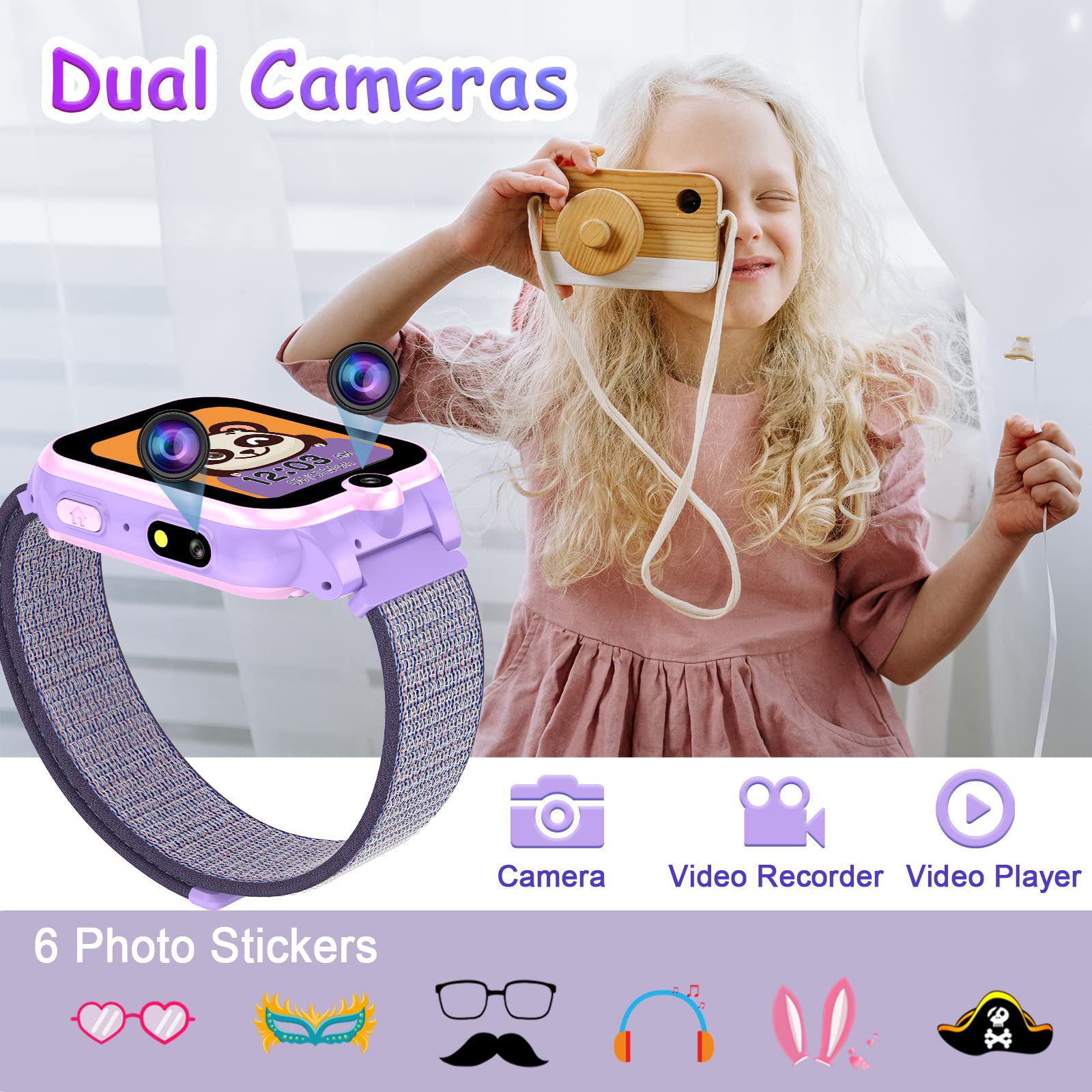 PTHTECHUS Jeux Montre Connectée Enfant - Téléphone Intelligente Appel bidirectionnel Musique mp3 Double caméra podomètre vidéo SOS Livre Audio MP4 Cadeau garçon Fille 4-12 Ans (XA16 GMP Purple-SAI)