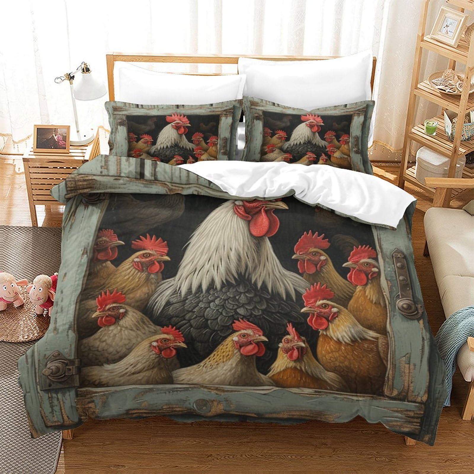 P1S9U7W5Y Country Style 3D Printed Rooster Hen 3 Piece Microfiber Duvet Cover Set for Bedroom Decor Poultry Bedding Set Double（200x200cm）