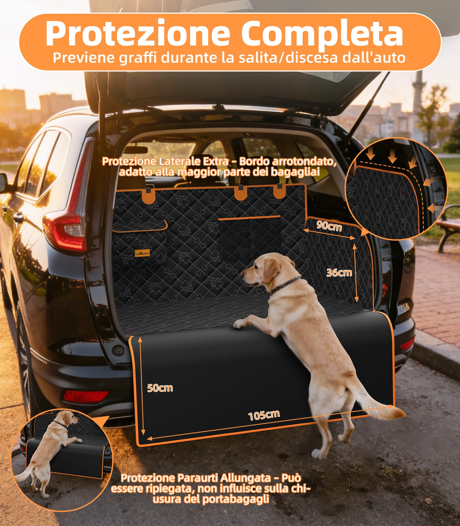 UPAWPIA Telo Bagagliaio Auto per Cani Impermeabile Protezione Bagagliaio Auto con Protezione Laterale e Paraurti Universale Copri Bagagliaio per Cani Resistente ai Graffi per SUV 198 * 105 * 36cm
