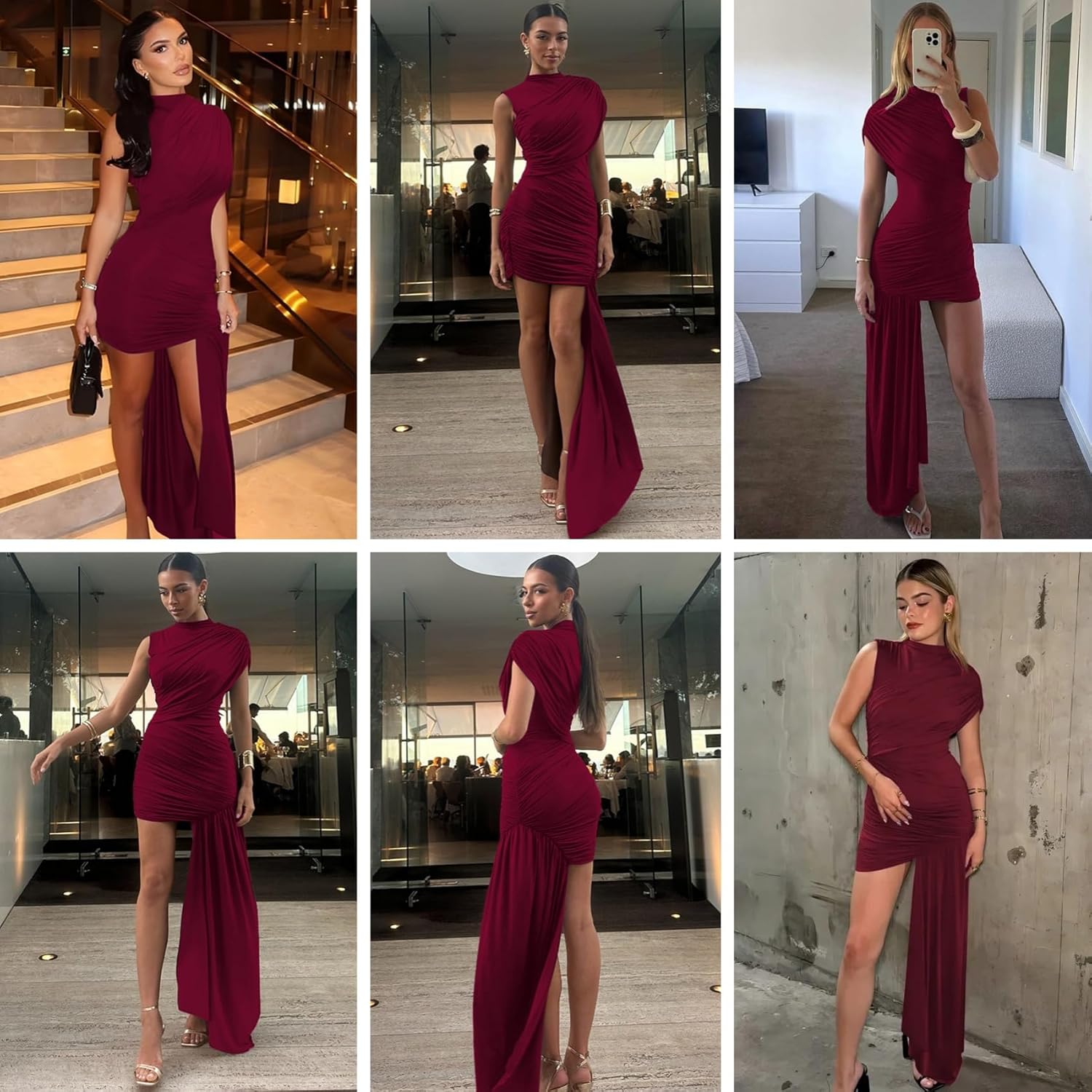 JUMISEE Women’s Elegant Irregular Ruched Mini Dress Flowy Ribbon Bodycon Cocktail Dress Sexy Pleated Formal Dresses