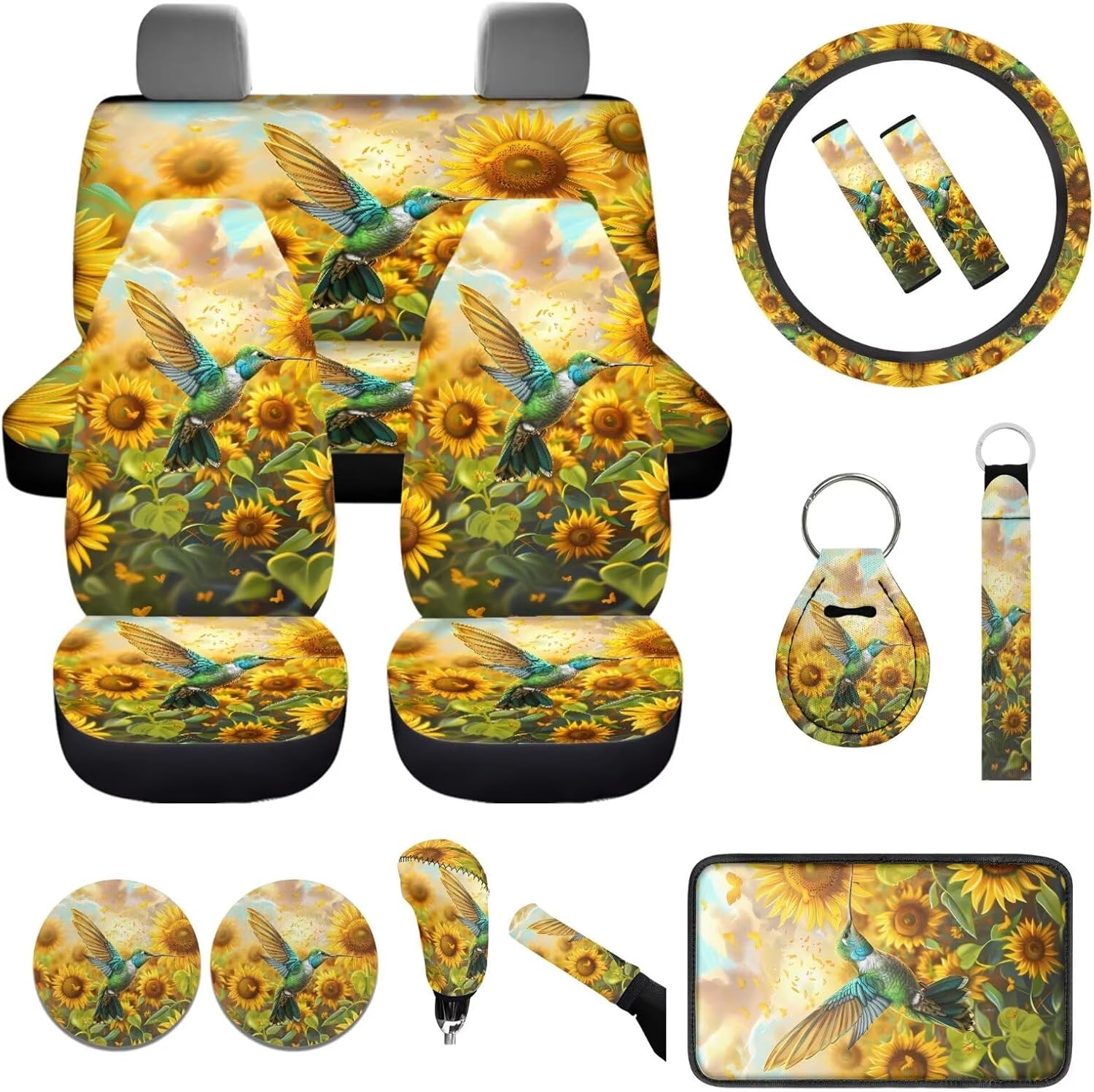 Sunflower Car Seat Cover Full Set 14 Pcs Hummingbird Steering Wheel Cover Seatbelt Pads Cup Coaster Car Armrest Cover Handbrake Cover Set Fits Most Car Truck Van and SUV