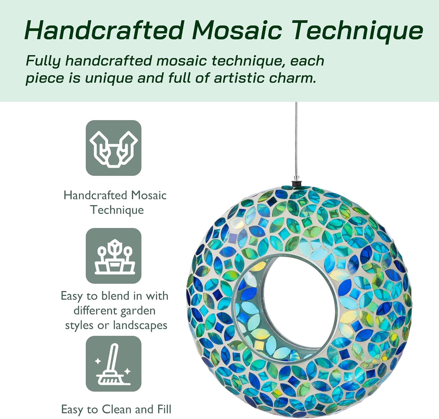 Glitzhome 8''D Hanging Glass Birdfeeder, Round Fly Through Wild Bird Feeder for Outdoors,Blue/Green Mosaic Birdfeeder for Garden, Yard, Backyard, Deck and Porch Decor