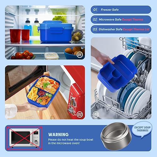 Miniatura 7 de DaCool Lonchera mejorada para niños con termo para comida caliente, 47.3 fl oz, caja Bento para niños con termo pequeño de 5 onzas para niños y