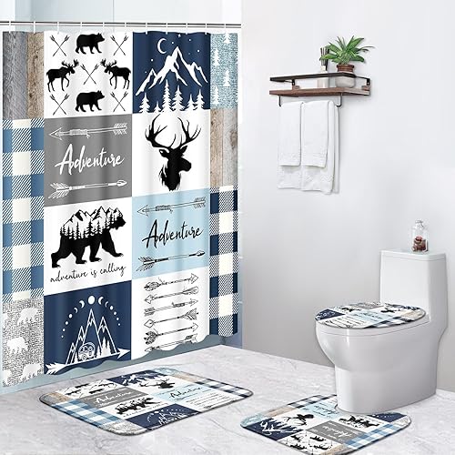 Pamnest Juego de 4 cortinas de ducha, diseño de oso y alce, a cuadros, impermeables, con alfombras antideslizantes, tapa de inodoro y tapete de