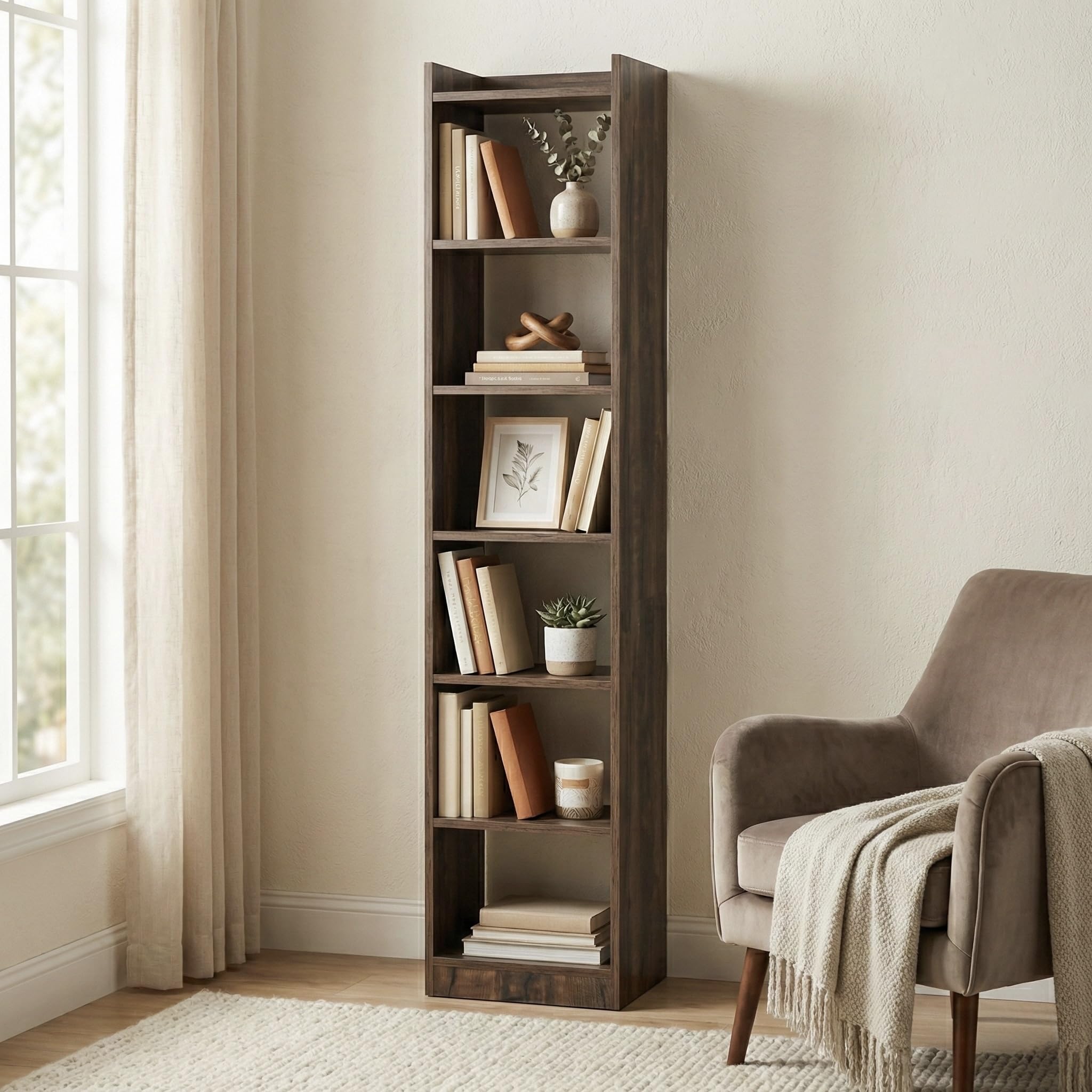 Spire 6-Tier Tall Bookshelf & Corner Display Rack, Vertical Storage Organizer for Living Room & Office, 33x24x180cm (Walnut)-image-30