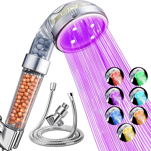 NOSAME - Cabezal led para ducha con manguera y soporte, con filtro de agua de alta presión y ahorro de agua, 7 colores que cambian automáticamente