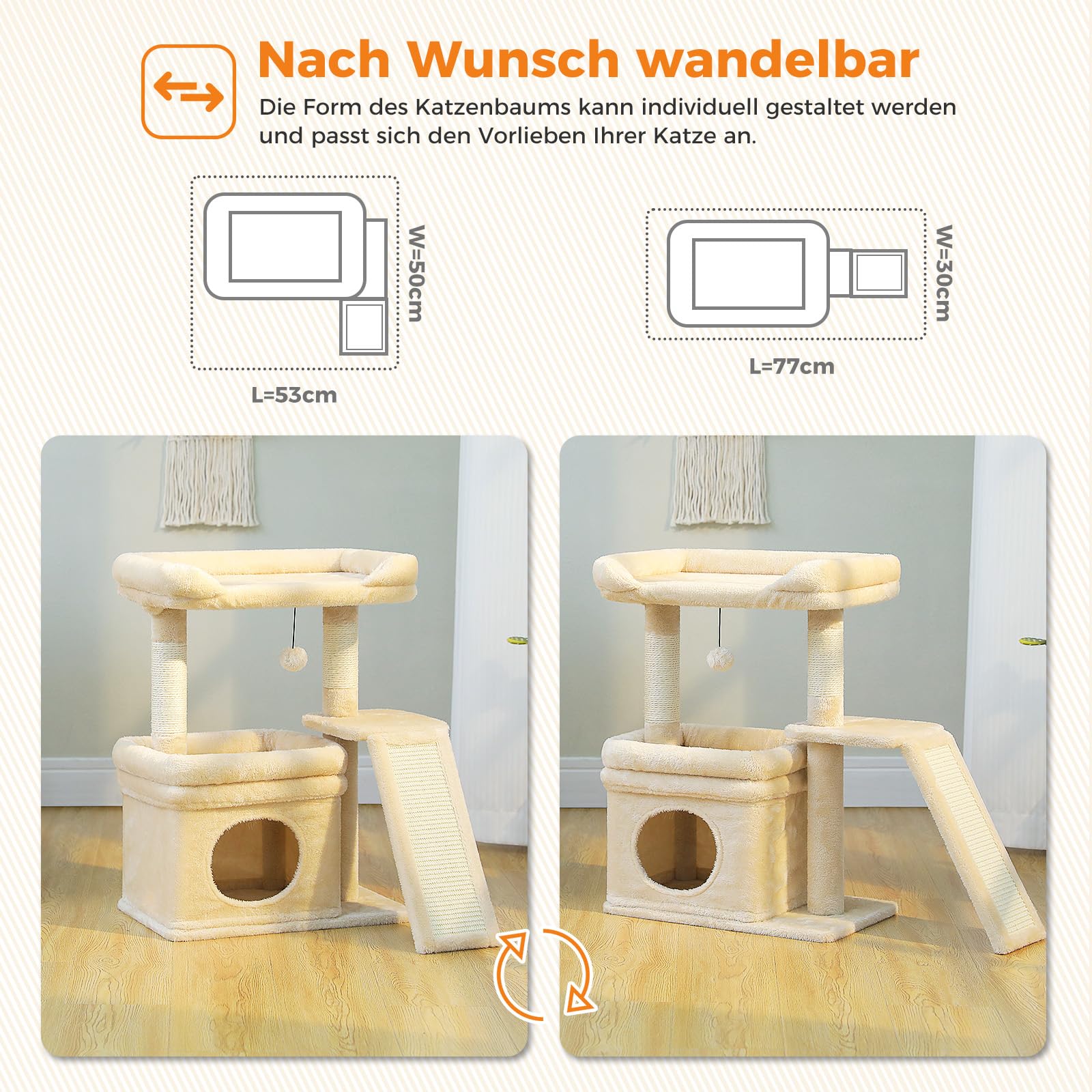 PETEPELA Kleiner Kratzbaum für große ausgewachsene Katzen mit breiter oberer Liegefläche, privater Katzenhöhle und Sisal-Kratzsäule，Kratzpad für Wohnungskatzen,beige