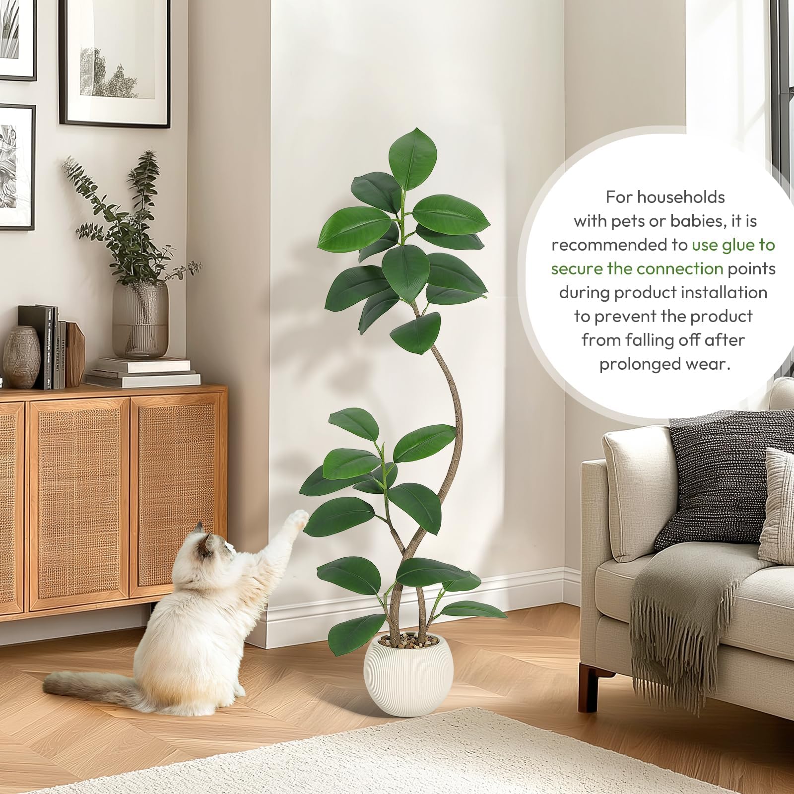 Acekool Real-Touch Künstlicher Gummibaum (Ficus elastica) – Indoor Kunstbaum als Bodenpflanze – 2-stämmig – Resin-Kugel-Topf mit Steinen – Höhe 150 cm, Topf Beige Mine Pot Flower Stone, Größe 150cm