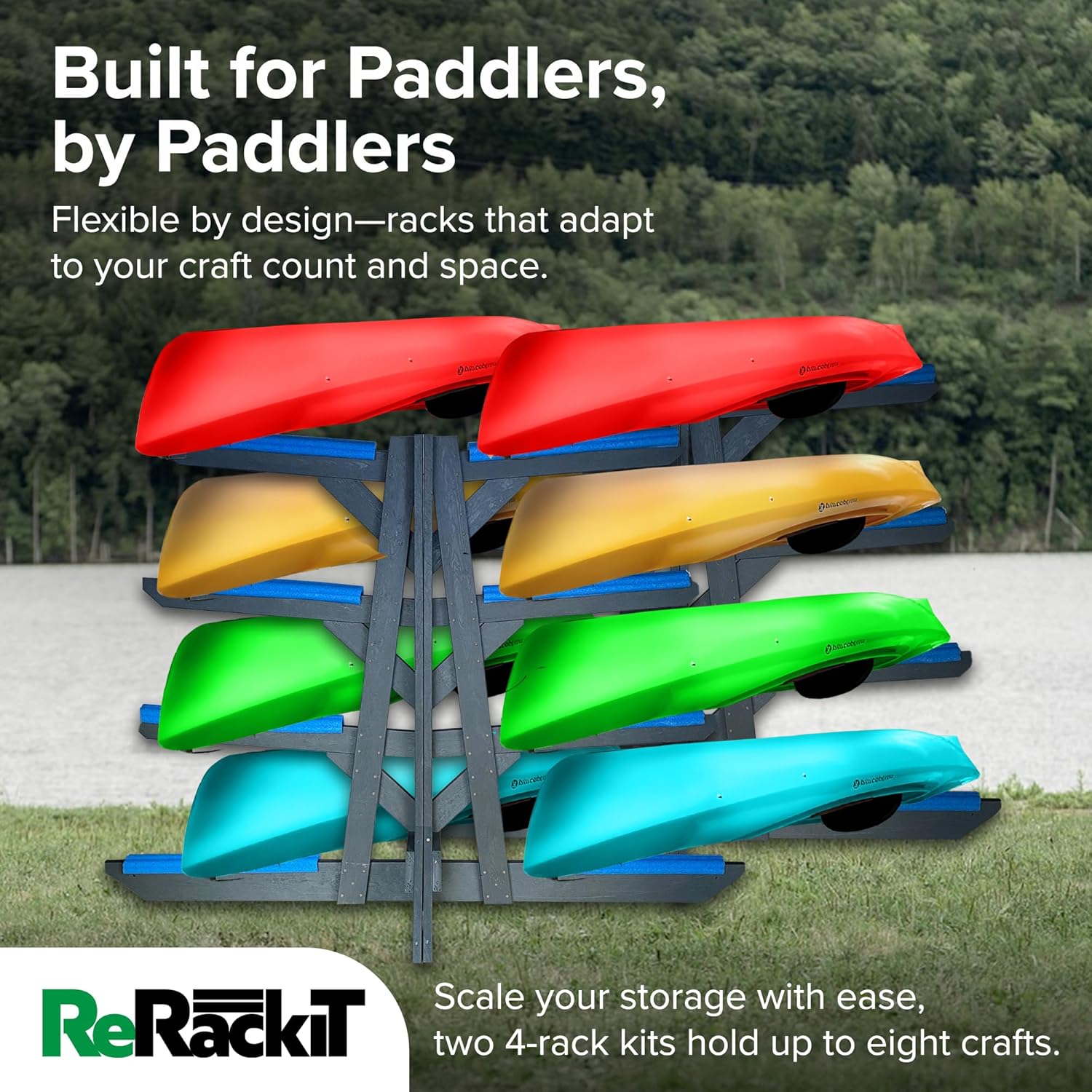ReRackiT - Poly Kayak Storage Rack - 2-4 Level Freestanding Kayak Racks for Outdoor Storage, Garage Or Indoors - Heavy Duty Adjustable Length Holder for Kayaks - Stand for Paddle Board - Canoe Rack