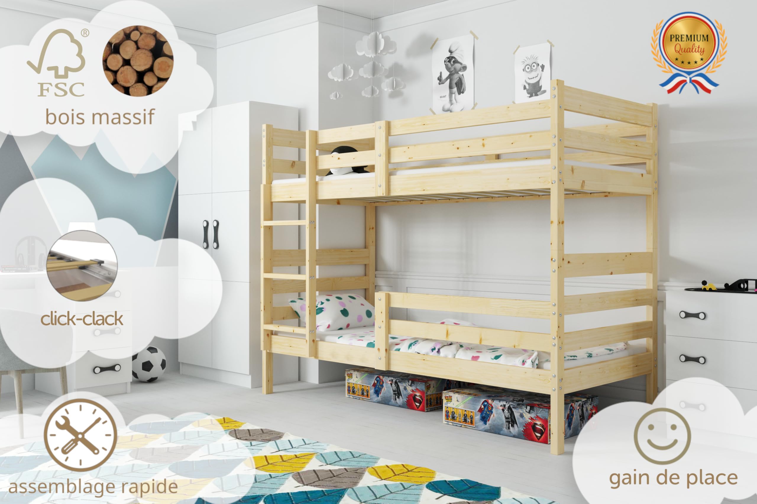 Interbeds Lit superposé Bois Massif Naturel sommier echelle 2 Places (190x90)
