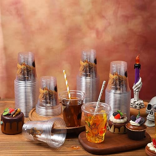 Miniatura 7 de Roowest Juego de 120 vasos desechables de plástico de 12 onzas con tapas y pajitas para niños y niñas, mago para Halloween, cumpleaños, bebidas