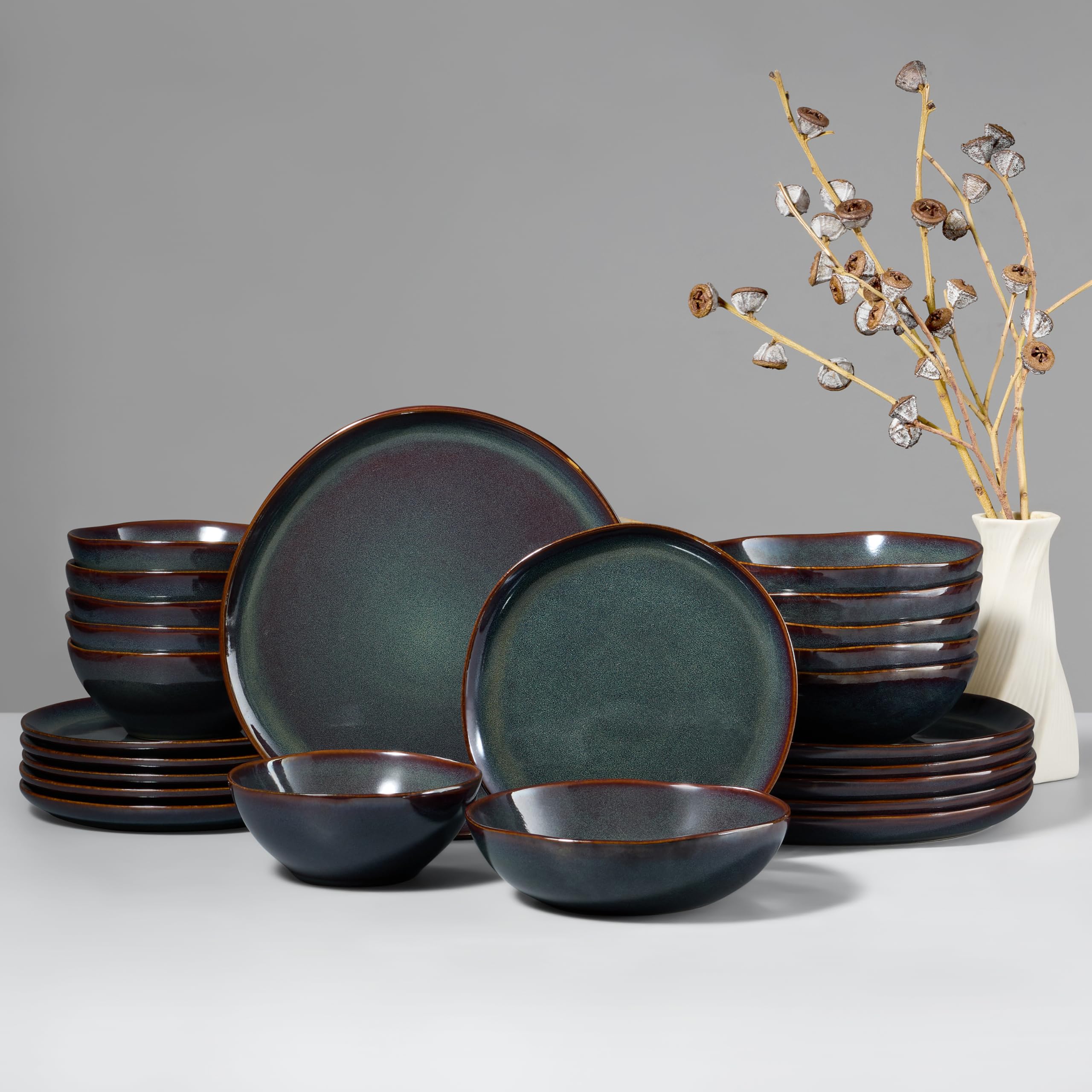 HaWare Plates and Bowls Set, Stoneware Dinnerware Sets, Reactive Moss Green