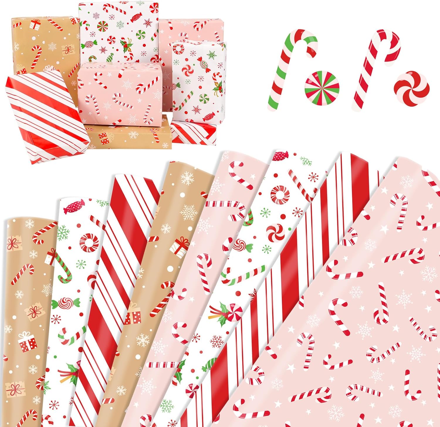 Amazon.com: DPKOW Christmas Wrapping Paper, 8pcs Recyclable Candy Cane ...