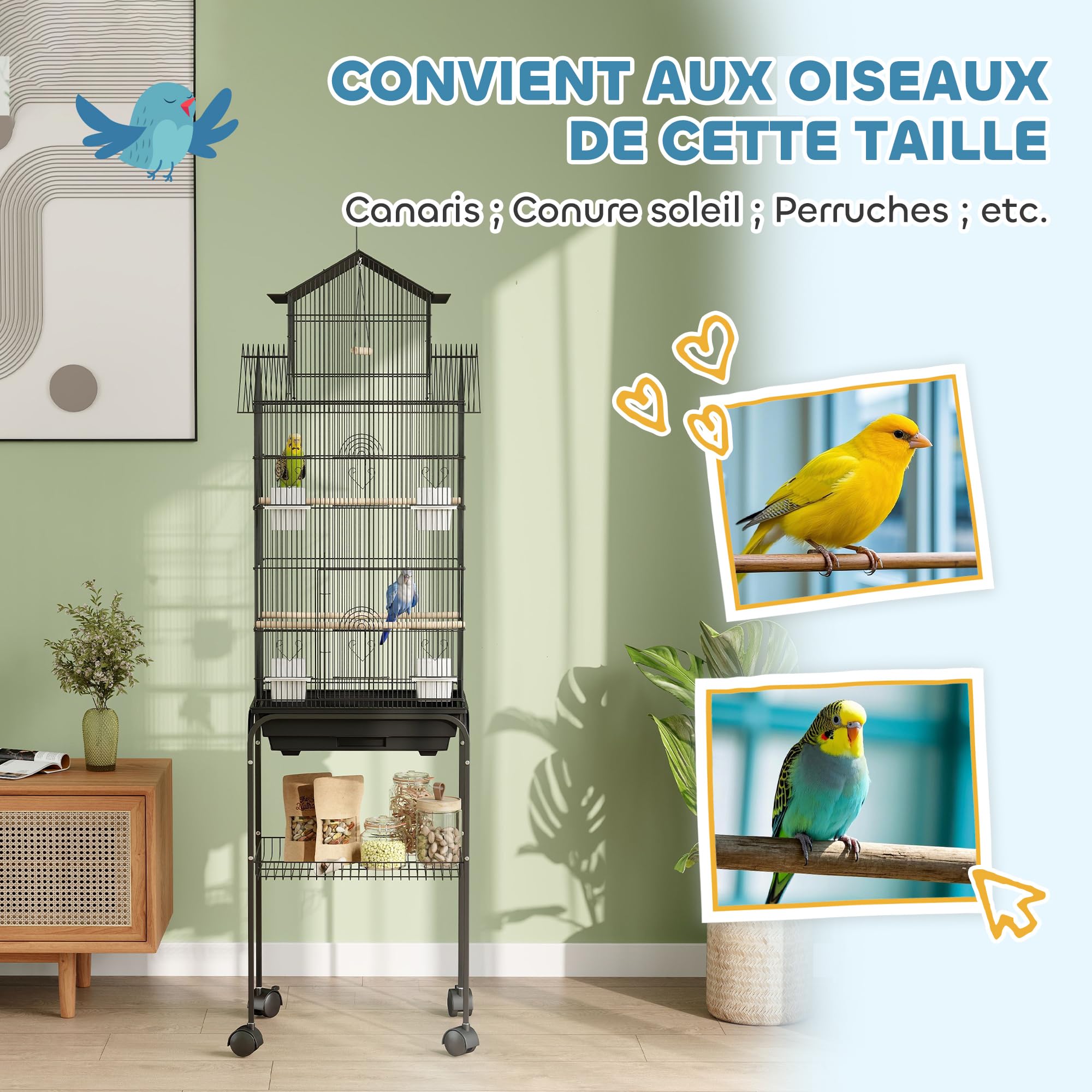 PawHut Cage à Oiseaux sur Pied, volière sur roulettes avec balançoire, poignée Portable, 4 mangeoires, Support, Design Maison, Cage pour pinsons, canaris et perruches 50,5 x 41 x 163 cm en Acier Noir