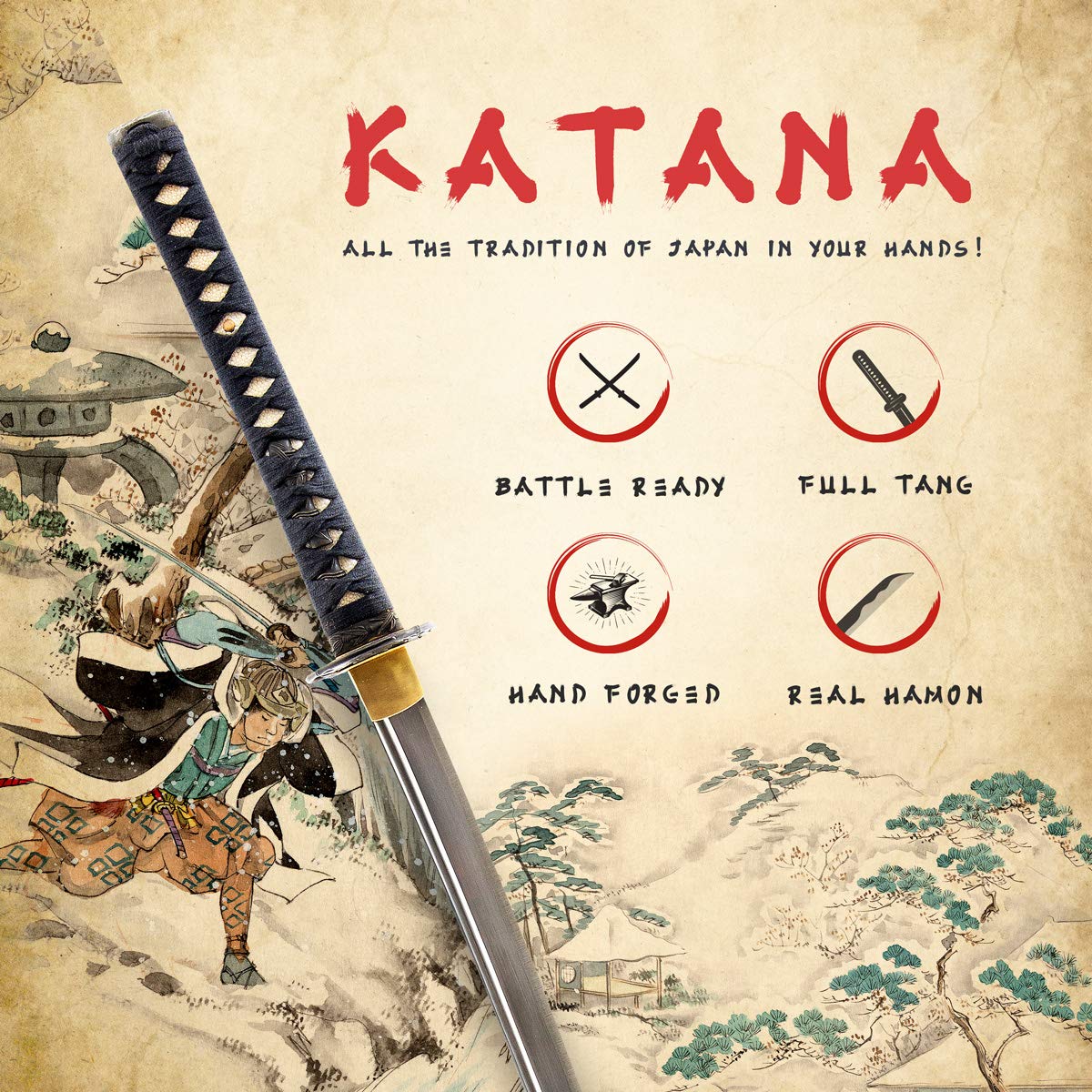 Handmade Sword - Japanese Style Samurai Katana Sword, Practical, Hand Forged, 1045 Carbon Steel, Heat Tempered, Full Tang, Sharp, Dragonfly Tsuba, Black Wooden Scabbard