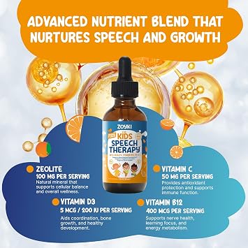 Speech Therapy Drops for Kids - Speech Support Supplement for Communication Delay Cognitive Function Language & Brain Development with Zeolite Vitamins B12 D3 C - Sugar Free Gluten-Free Vegan