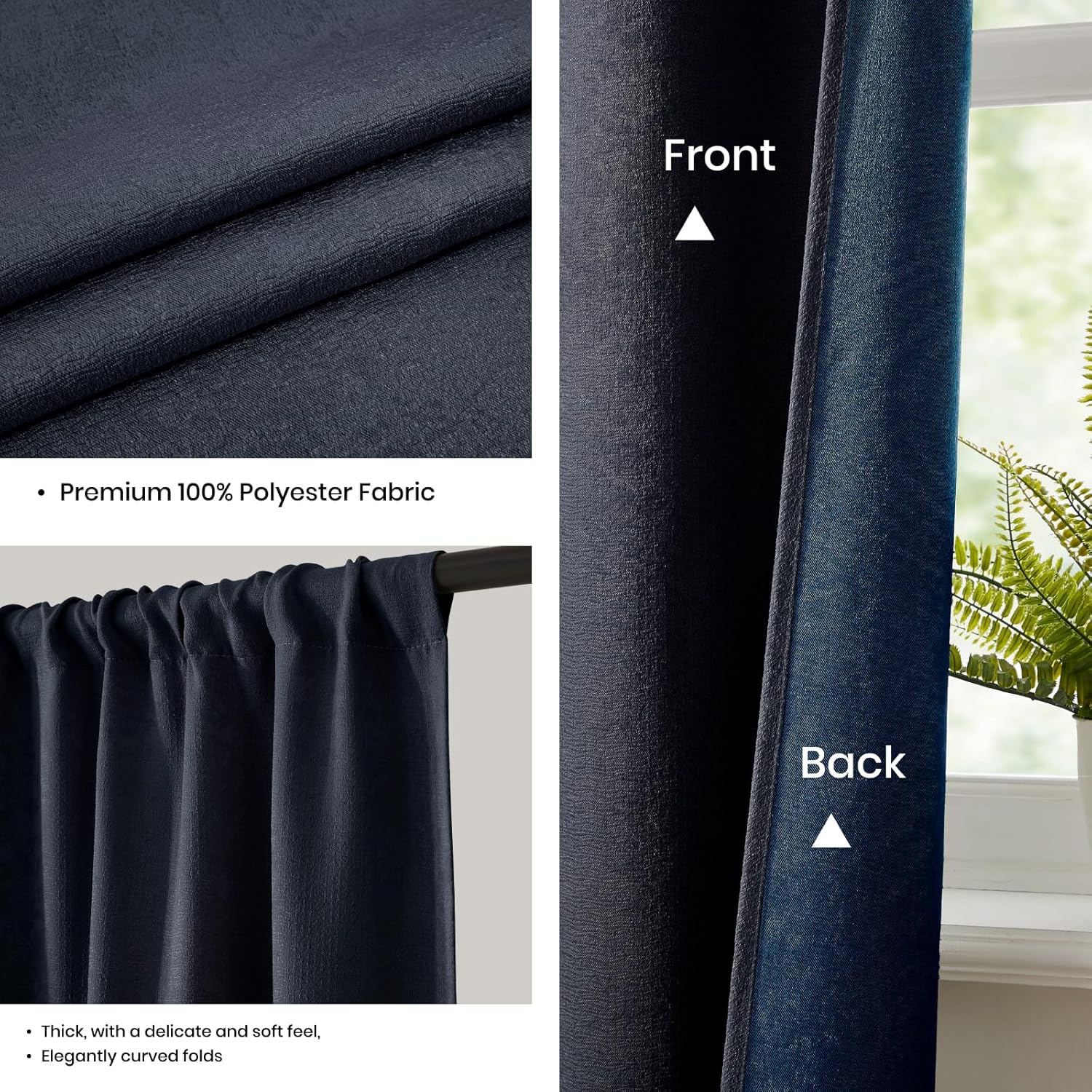 WRENSONGE Blackout Curtains for Bedroom, Navy Blue Blackout Curtains 63 Inch Long for Living Room Windows Kitchen Room, Easy Rod Pocket Curtain Modern Room Darkening Curtains 4 Panels Set