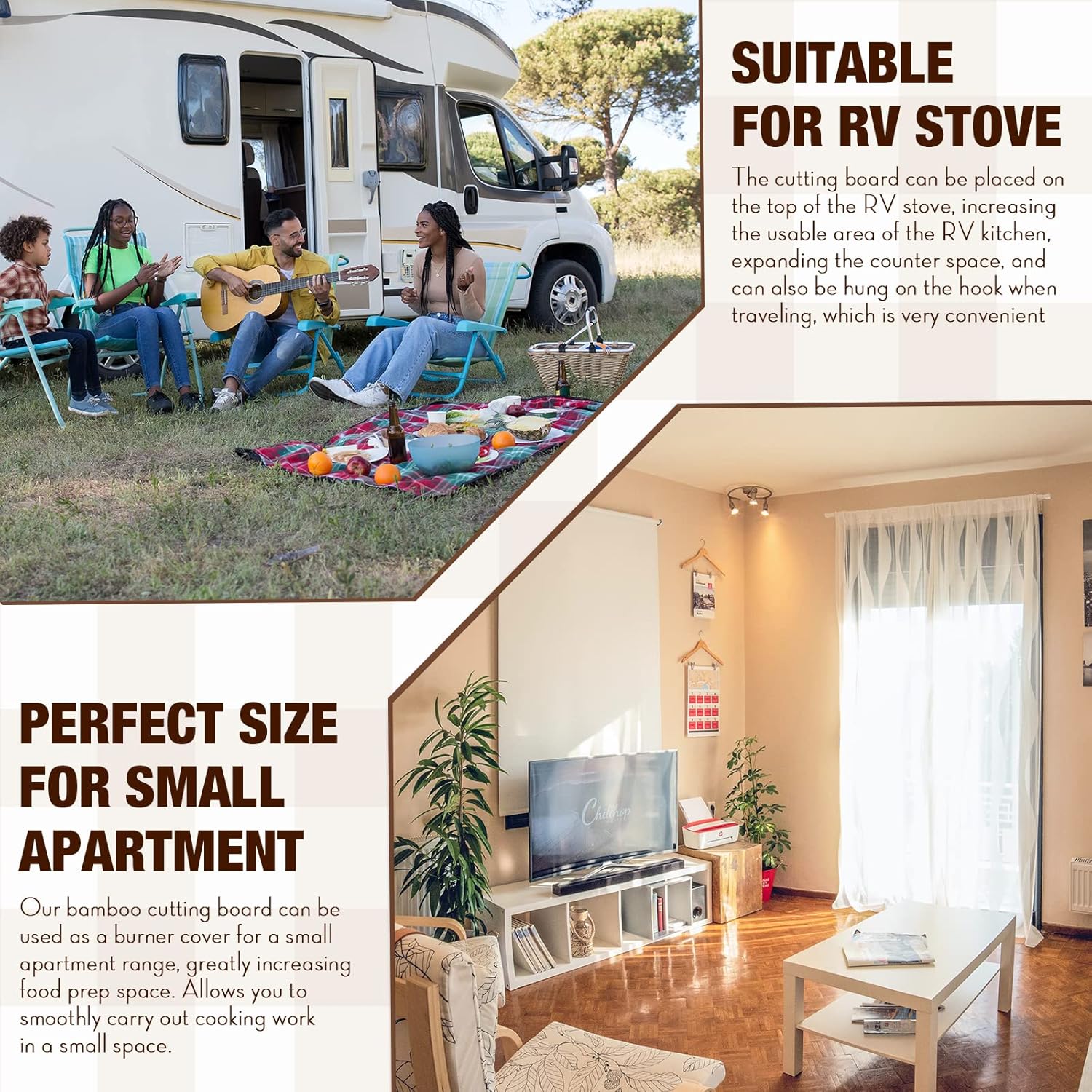 Zubebe Large Stove Cutting Board 20" x 20" Burner Cover Square Rv Chopping Board with Hole Grooved for Oven Apartment Kitchen(Bamboo)