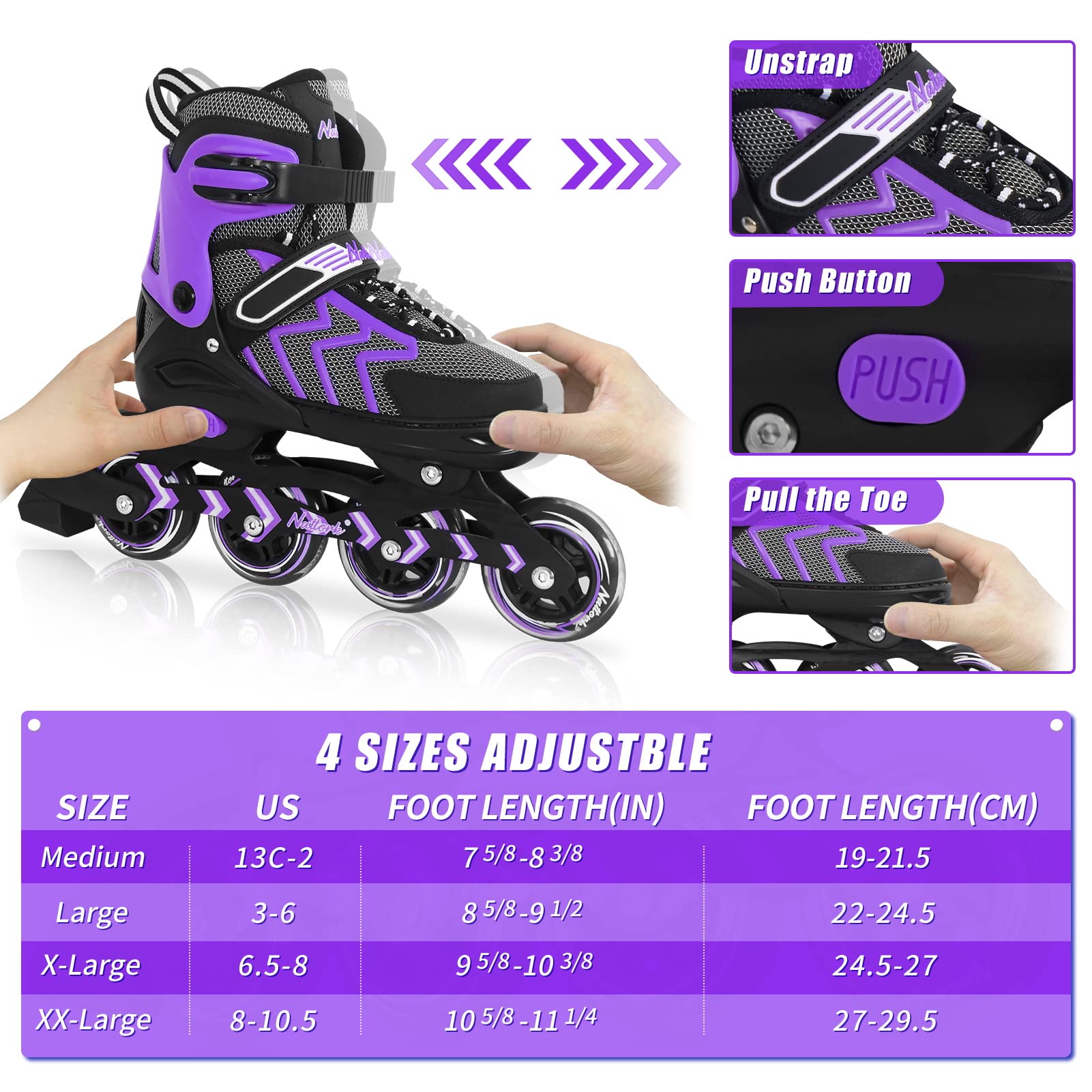 Nattork Adjustable Blades Roller Skates for Adults Women and Men,Outdoor & Indoor Purple Inline Skates for Kids Girls and Boys,Beginners,Size 8 8.5 9 9.5 10.5