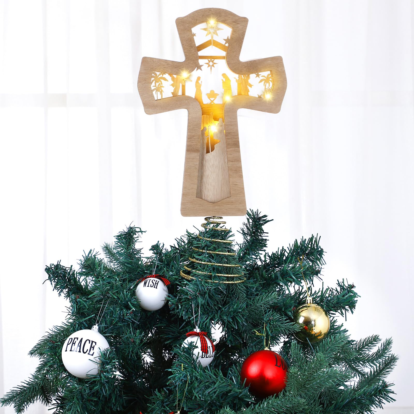 Vercraft Nativity Cross Christmas Tree Topper Lighted 3D Wooden Decoration