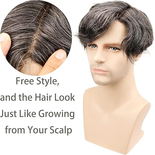 Miniatura 3 de Swiss Full Lace Hombres Toupee 1B Color Negro Cabello Humano Real Mezclado 20% Gris Pelo Sintético Reemplazo para Hombres Hairpiece