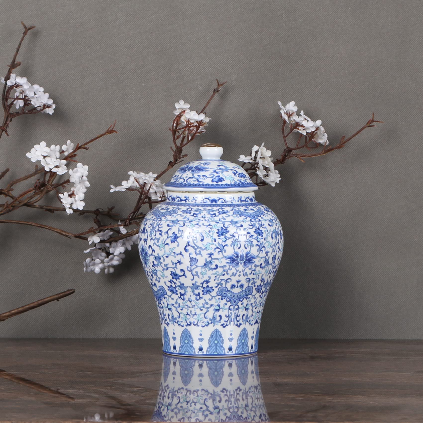 Tarro chino de jengibre con tapa, estilo Ming-Qing, decoración de flores azules y blancas, jarrón cerámico