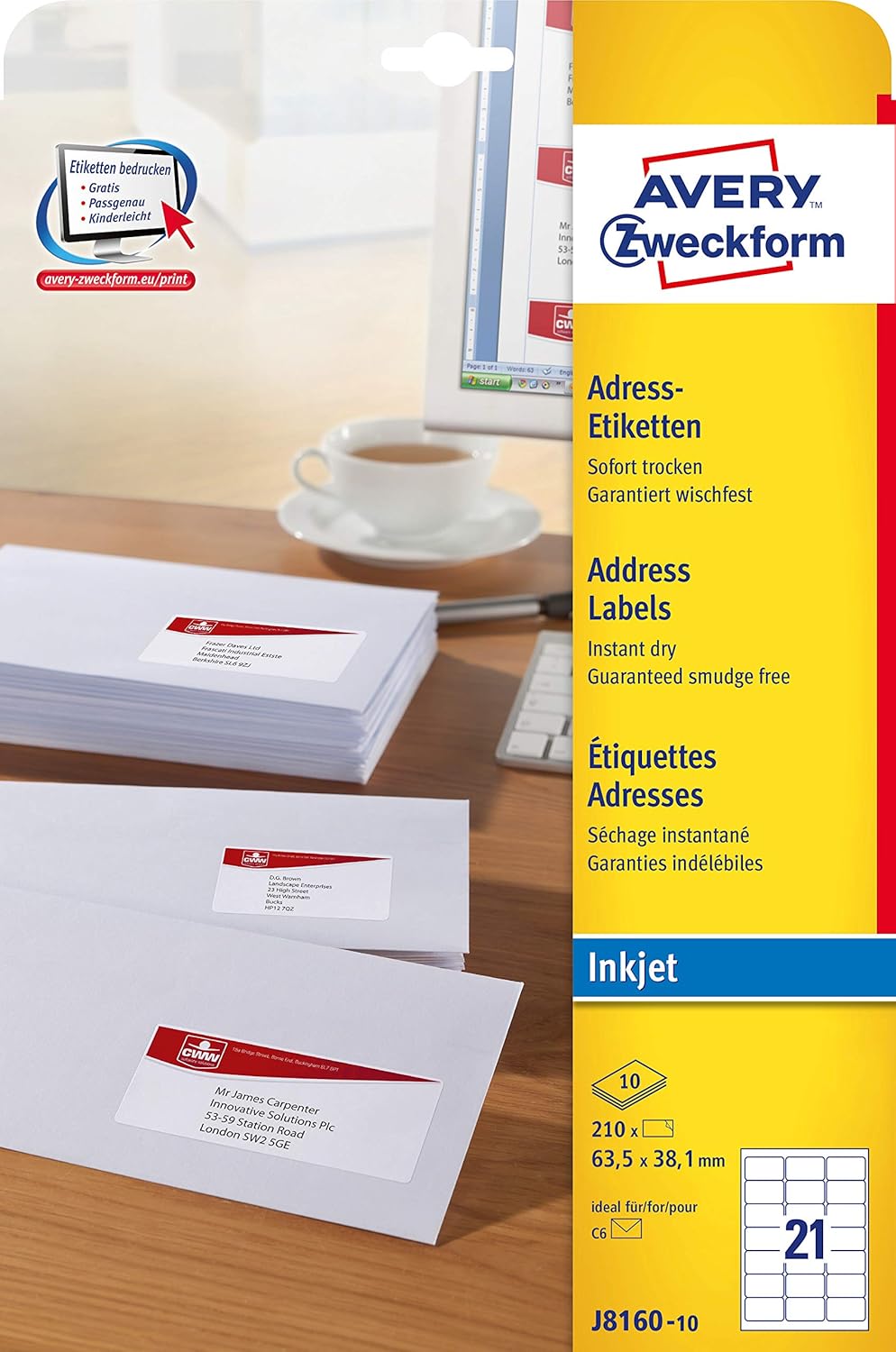 Avery Dennison Zweckform J8160-10 Address Labels Special Coating 10 Pages 63.5 x 38.1 mm White