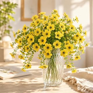 Artificial Flowers 12 Bundles UV Resistant Fake Silk Plants Realistic Outdoor Faux Flowers for Porch Patio Garden Window Box Planters Spring Summer Decor (Yellow)