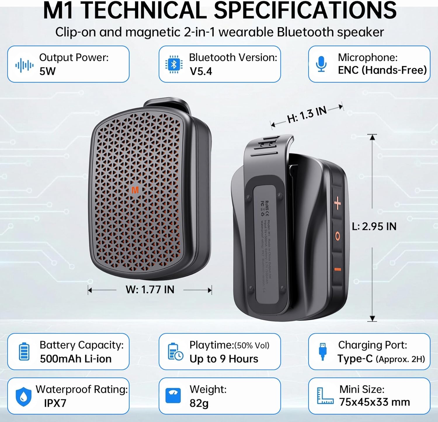 M1 Wearable Bluetooth Speaker with Magnetic Base & Secure Clip, IPX7 Waterproof Mini Personal Speaker for Golf Cart, Hiking, Construction & Job Site, Bluetooth 5.4, TWS, Mic (Black) - Image 6