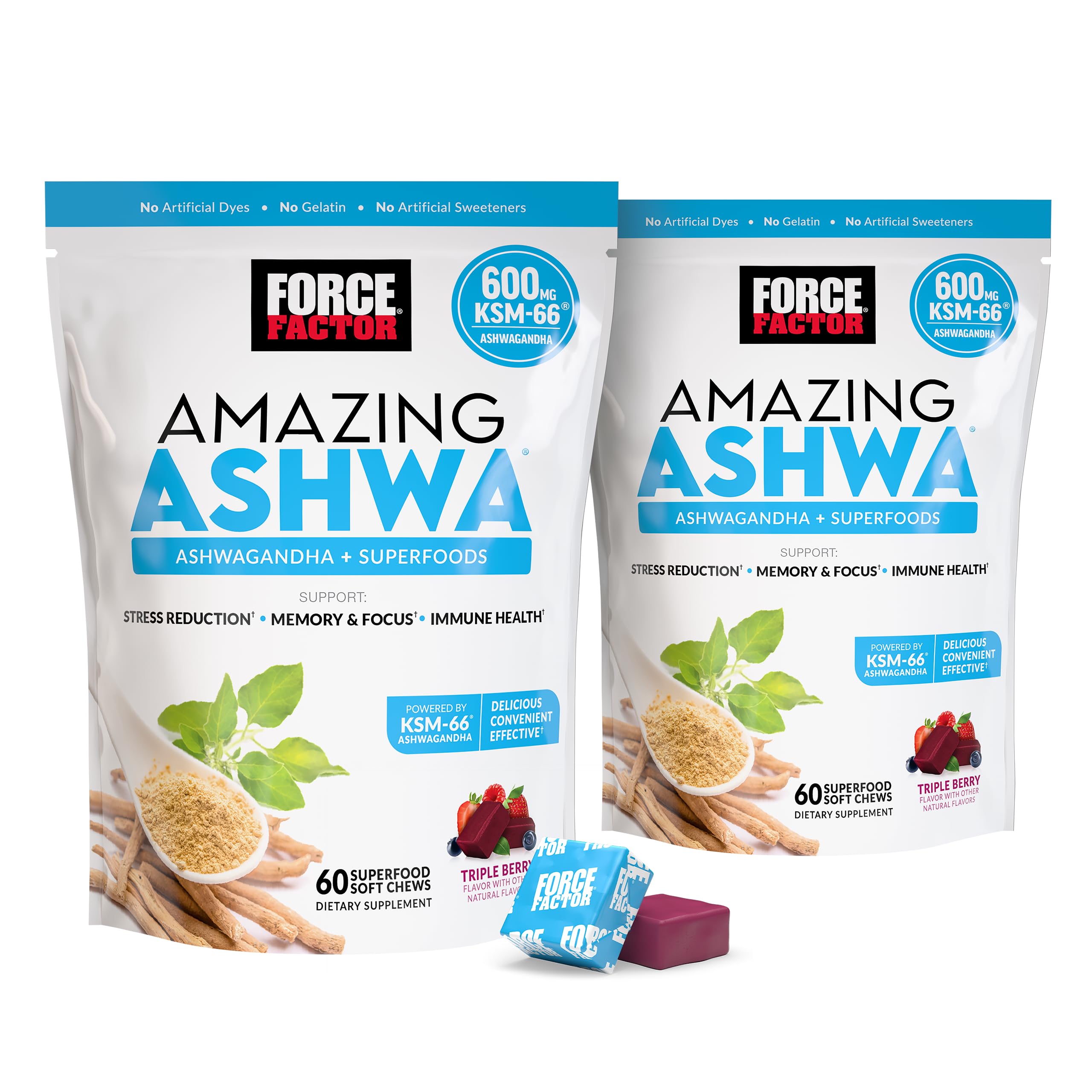 FORCE FACTOR Amazing Ashwa for Stress Relief, Memory, Focus, and Immune Support Health, Ashwaganda Supplement with KSM-66 Ashwagandha for Stress, 120 Soft Chews