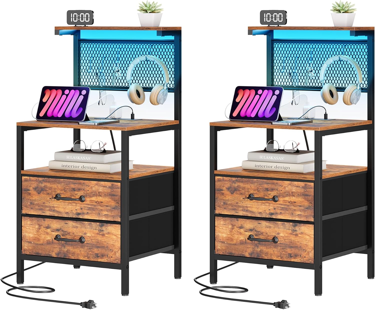 Tall Nightstand Set 2 with Charging Station and LED Lights, Large Night Stands with 2 Fabric Drawers, Bedside Table with Storage Shelves and Hooks for Bedroom, Office, Dorm, Rustic Brown