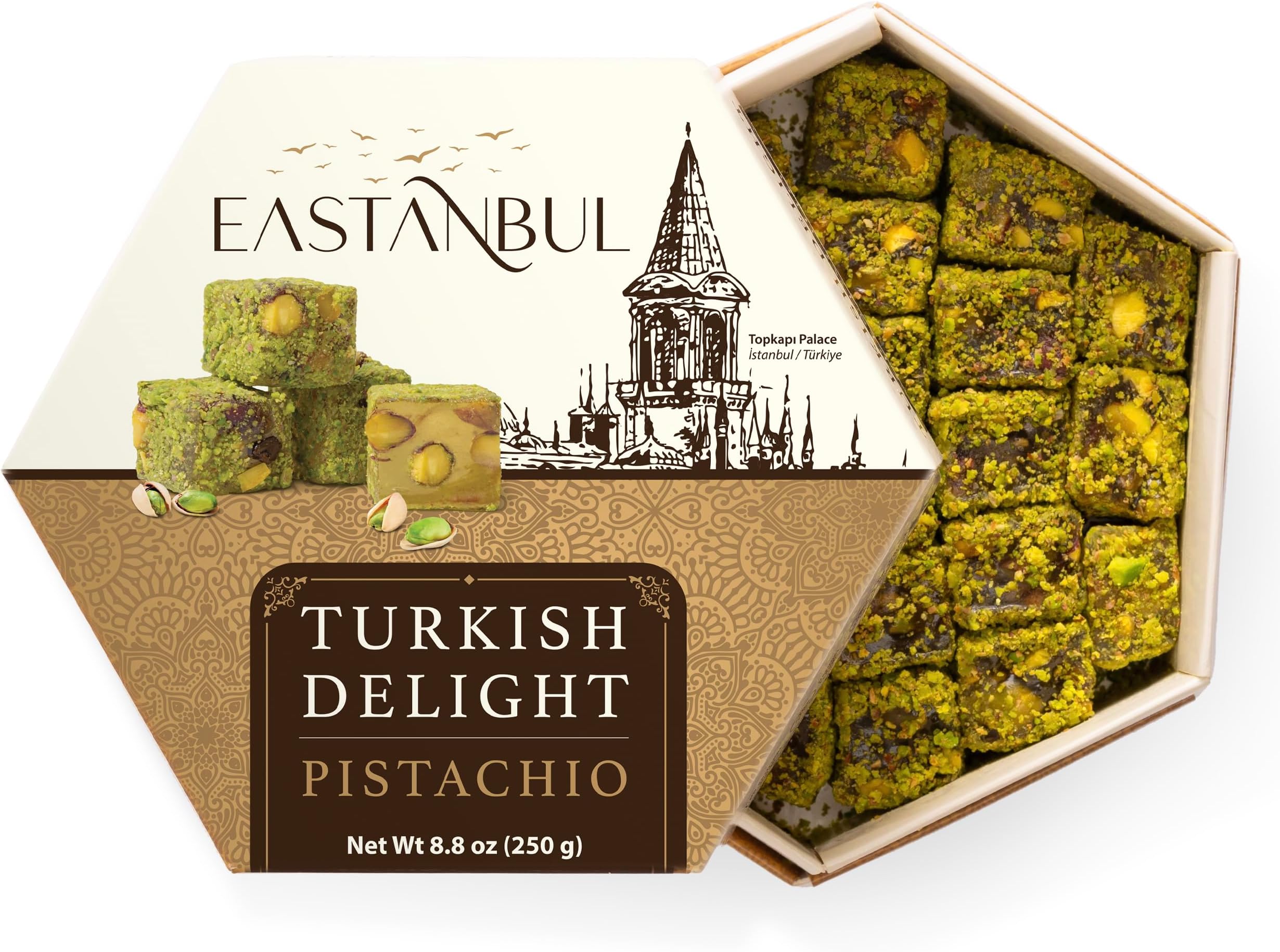 Eastanbul Turkish Delight Pistachio, 8.8oz, Turkish Delights Candy, Gourmet & Double Roasted Pistachios Filled, Rich Nuts Content, Lokum, Loukoumi, Vegan Gifts, Gluten Free, No Synthetic Ingredient