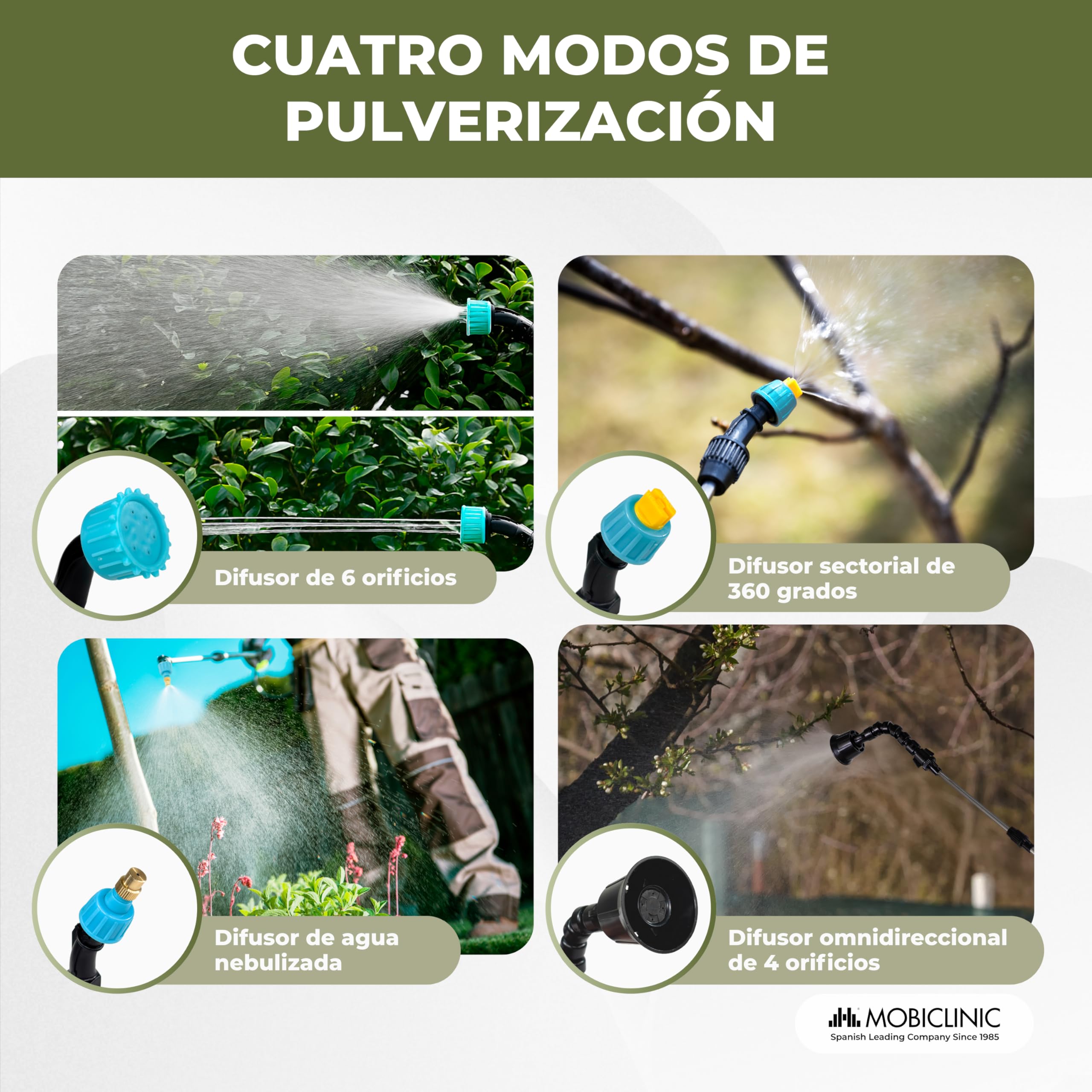 Mobiclinic®, Pulverizador Eléctrico, Manguera 3M, 4 Boquillas Intercambiables, 2 Potencias, Autonomía 2 a 3h, Varilla Extensible 60-85 cm, Carga USB, Mango Ergonómico, Riego y Limpieza, Profumig
