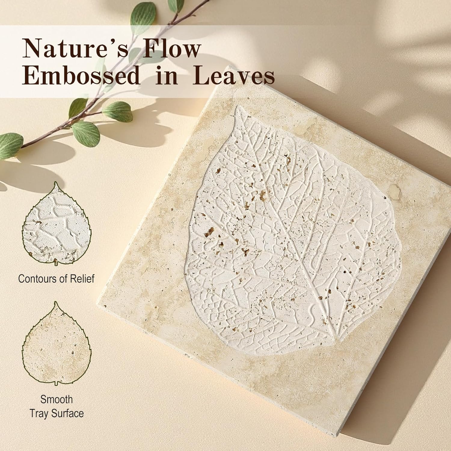 Marble Leaf Embossed Tray, Natural Golden Travertine Vanity Decorative Marble Tray for Bathroom, Jewelry, Kitchen and Desktop, Decorative Stone Pallet for Cosmetics, Perfume and Home Decor