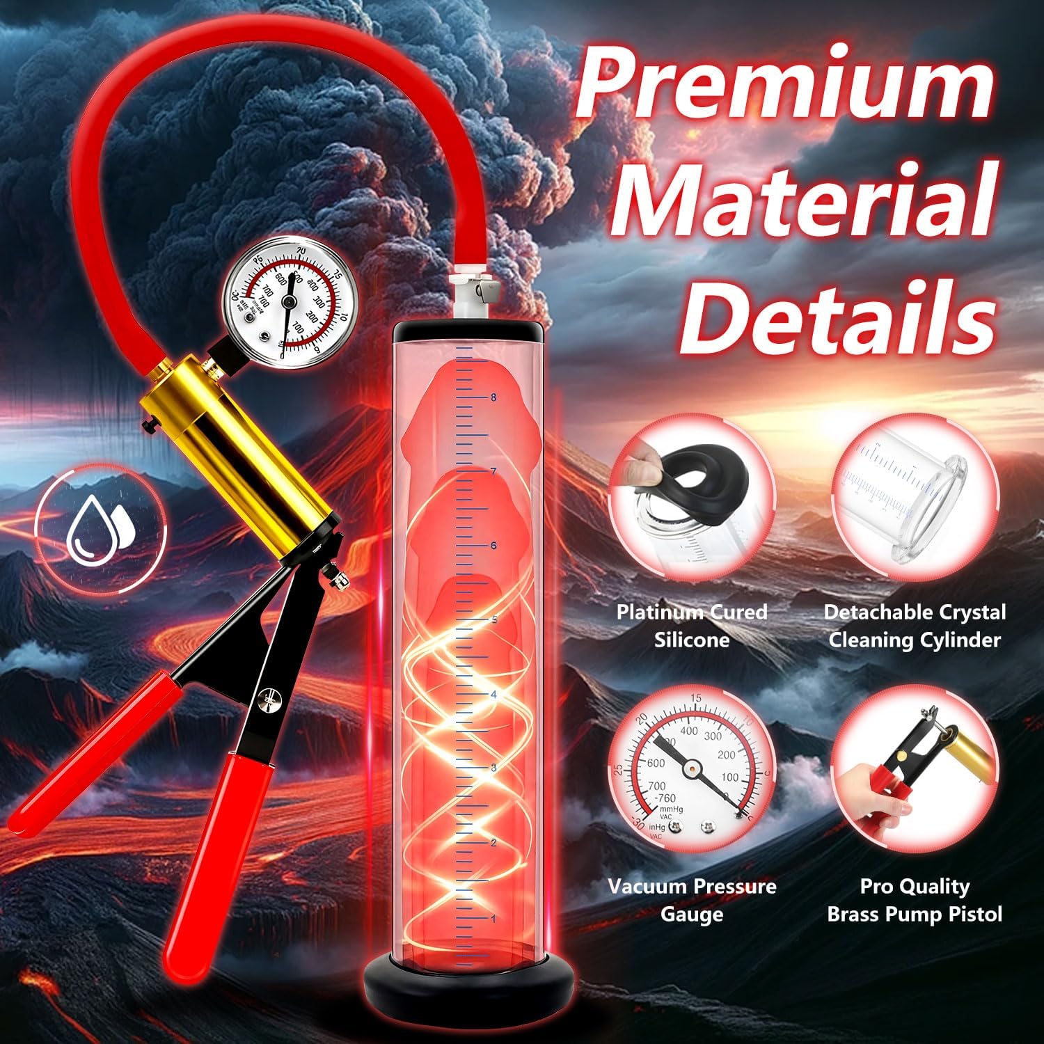 Manual Penis Pump Male Pump System with Red Metal Handle Dick Pump with Pressure Gauge Sex Toy - Pumps & Enlargers Penile Vacuum Pump for Men to Increase Penis Size 9 x 1.75 inch