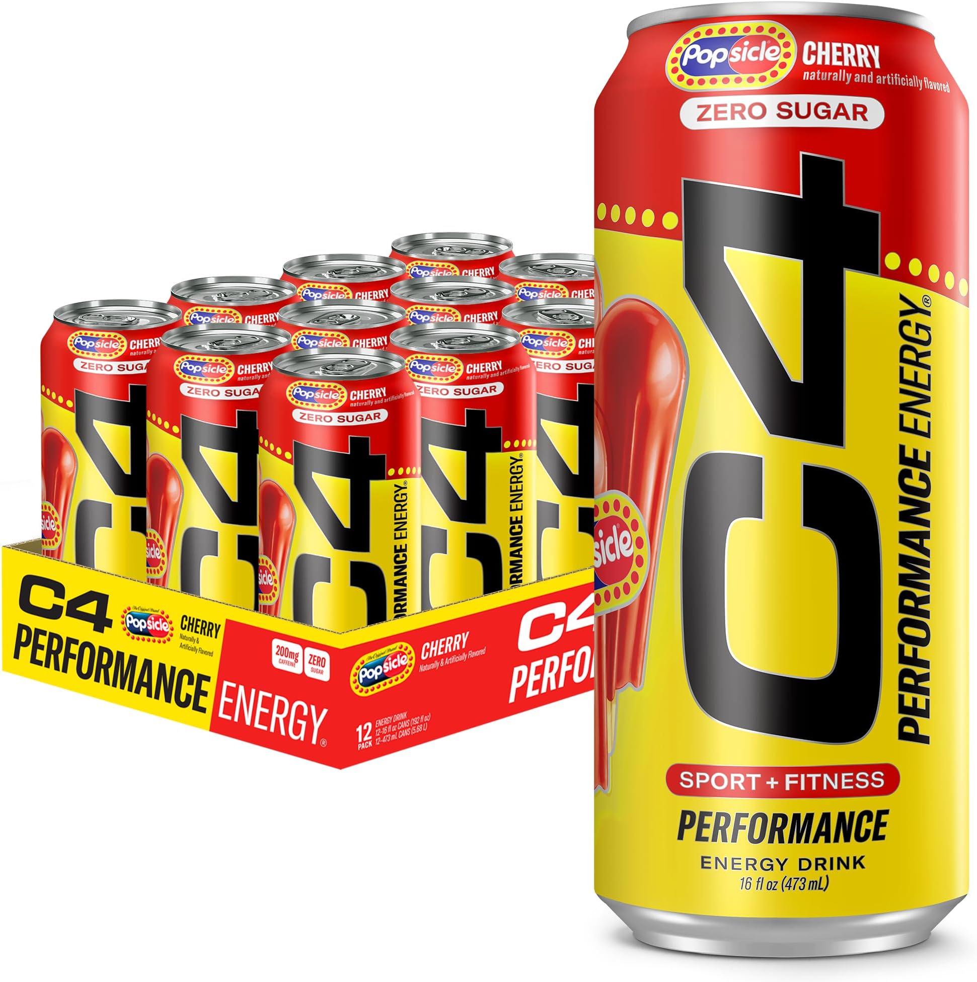 Performance Energy Drink, Cherry Popsicle, Zero Sugar Carbonated Preworkout Energy, 200mg Caffeine with Beta Alanine, 16 Fl Oz (12 Pack)