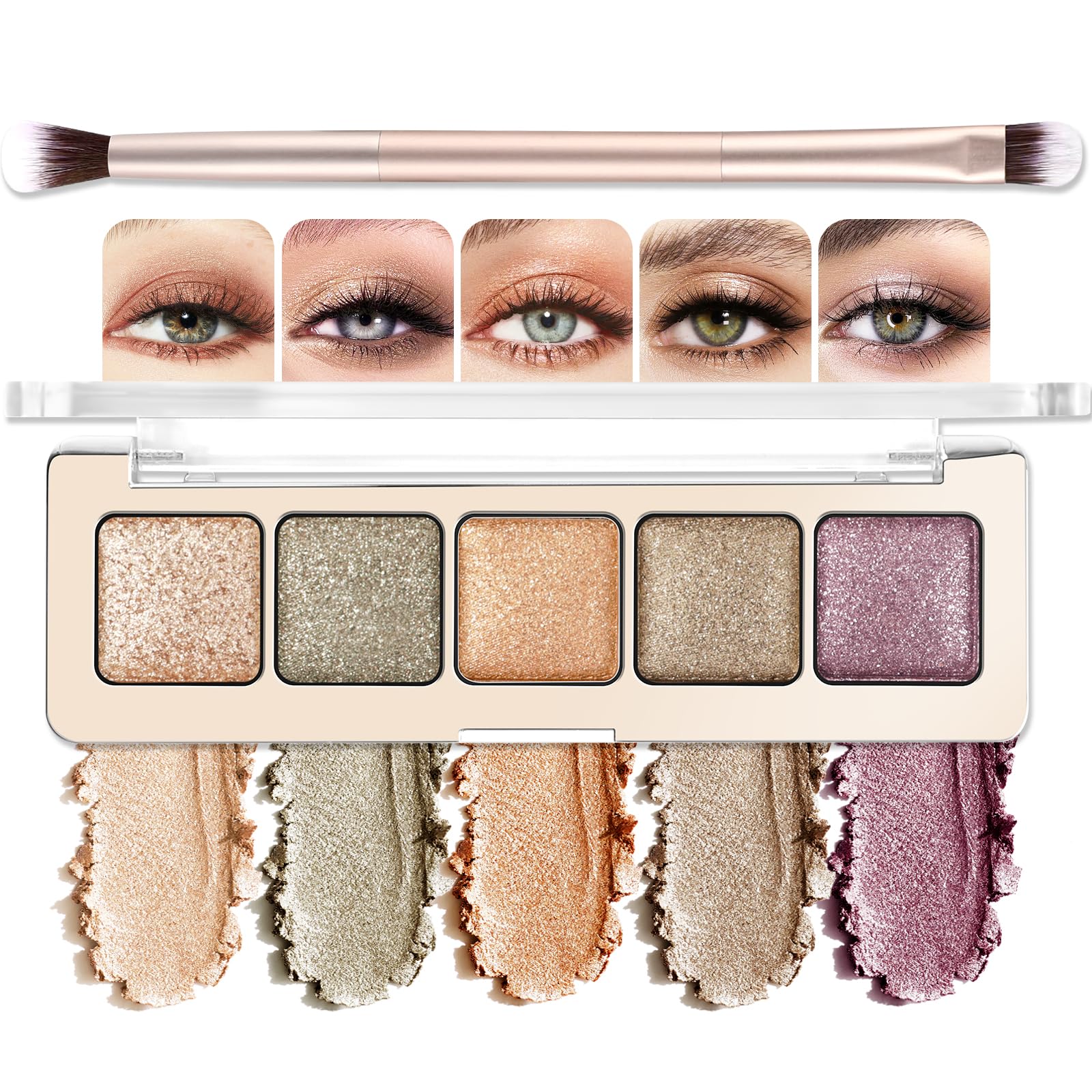 5 Colors Glitter & Shimmer Neutral Eyeshadow Palette with Brush (05#) 05# Peach Silver Shimmer