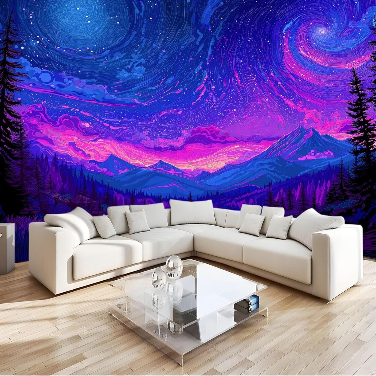 Digital Art Fantasy Forest Wall Mural, Purple Wallpaper for Bedroom, Living Room, TV Background or Children's Room - Non-woven Wall Decoration, 250cm x 175cm Stickers - Frameless Painting - Poster