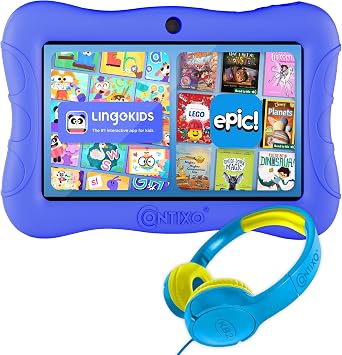 Contixo 7 inch Kids Tablet Bundle - Ages 3-7, Android Tablet and Kids Headphones, Toddler Tablet with 14+ Games and Educational Apps, 32GB ROM, Android 11, Learning Tablet for Kids - Dark Blue