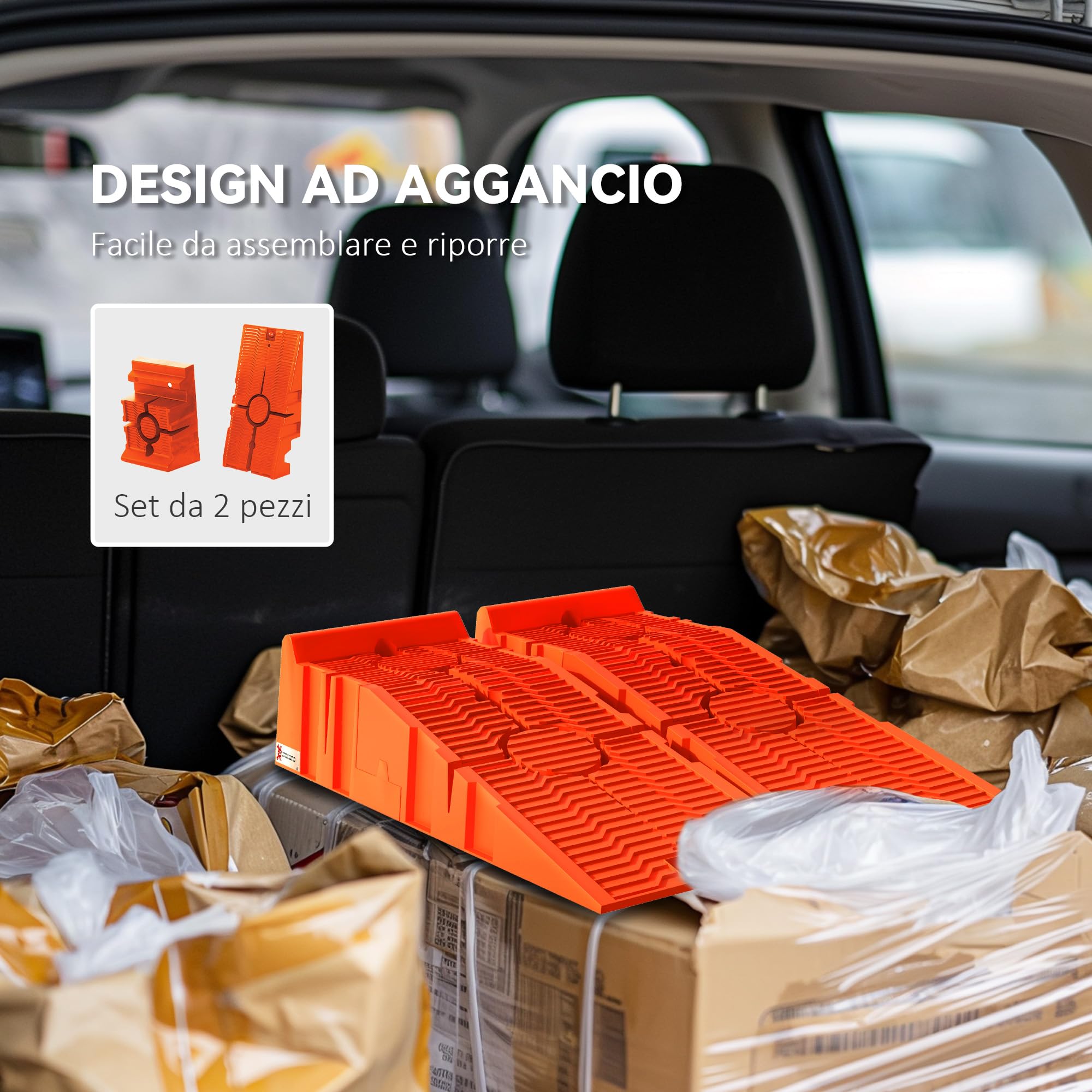DURHAND Set 2 Rampe di Carico per Auto in Plastica con Carico Massimo 5 Tonnellate, Pedane per Auto Salvaspazio per Manutenzione, 91x30x21 cm, Arancione