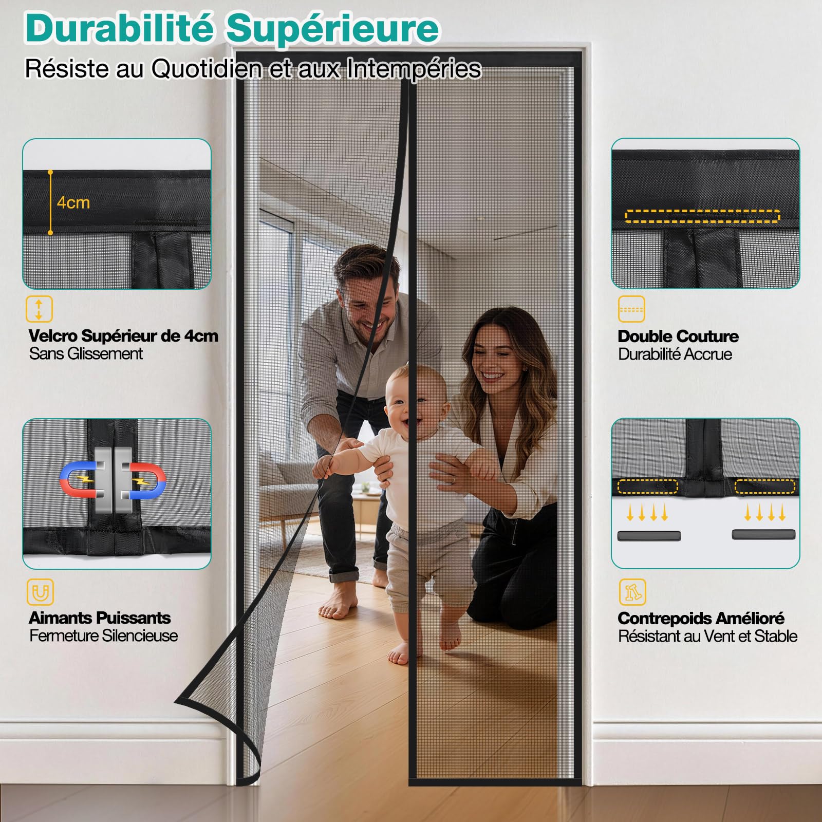 Moustiquaire Porte Fenêtre 140x220 cm, Rideau Anti-Moustique Noir, Fermeture Automatique, Sans Perçage, Idéale pour Balcon, Chambre