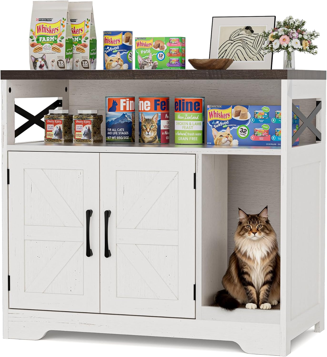 BonVache Farmhouse Cat Litter Box 3 in 1 Litter Tray with Doors White