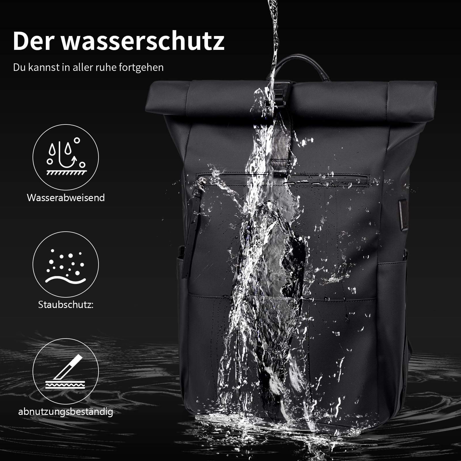 Rolltop Rucksack Damen Herren Großer Laptop Rucksack Wasserdichter mit Computerfach 16 Zoll Rucksäcke Schulrucksack Wasserfester Reiserucksack Handgepäck Flugzeug Arbeit Reisen